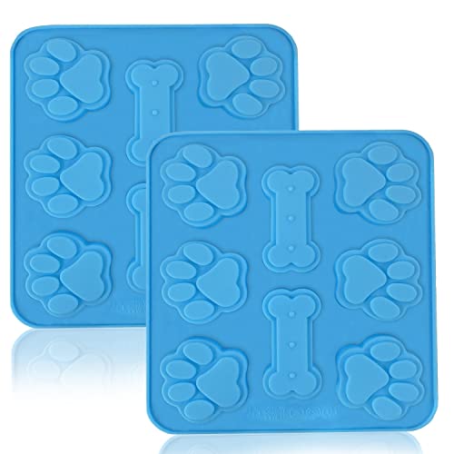 Lot de 2 moules en silicone en forme de patte et d'os de chien pour biscuits, muffins, bonbons durs, chocolats pour animaux domestiques et enfants, bleu Cover