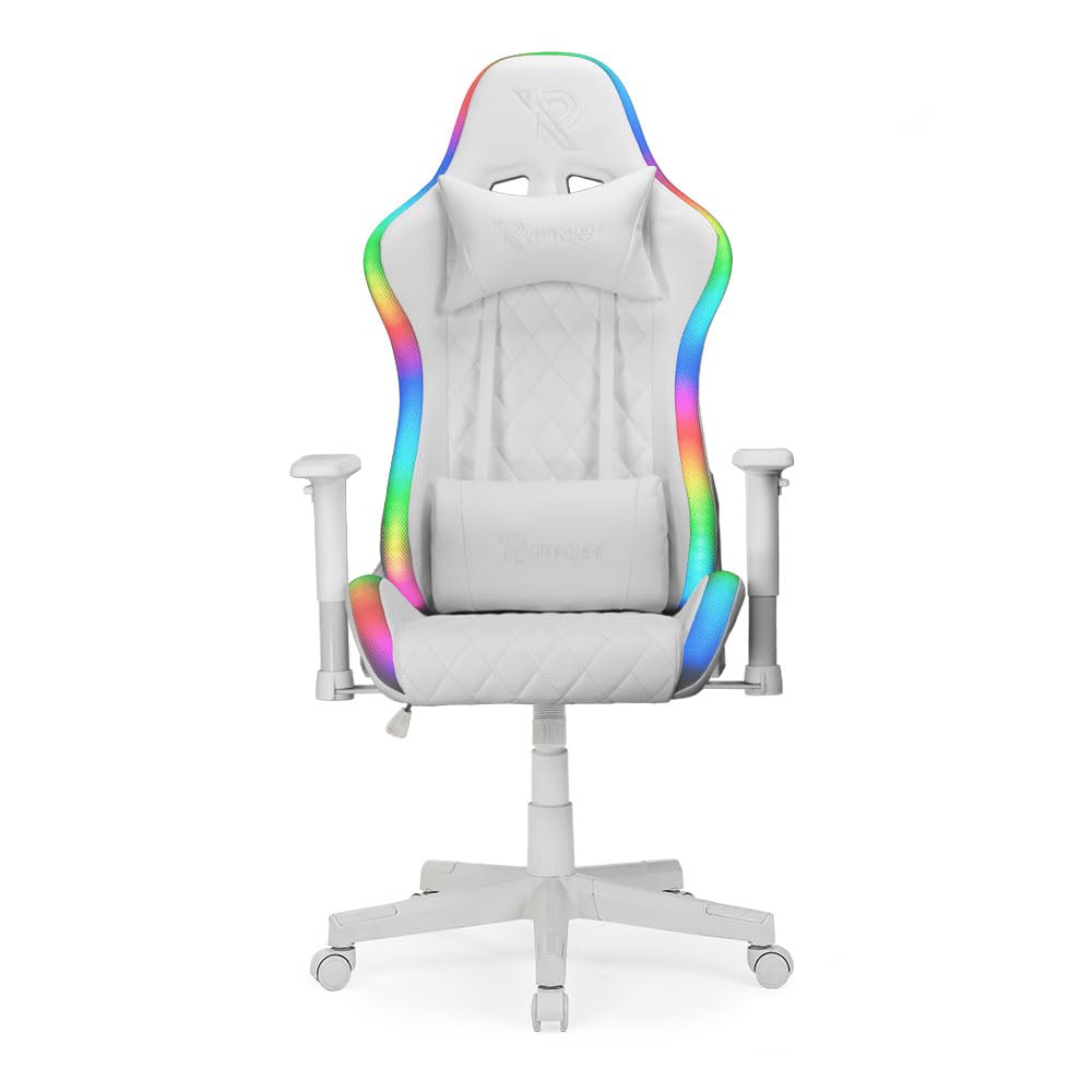 Ranqer Halo RGB/LED Silla de Gaming | Con Iluminación LED RGB, 350 Colores y Efectos, Reposabrazos Ajustables, Giratoria en Todas las Direcciones, Silla de Oficina Ergonómica, Silla Gamer - Blanco