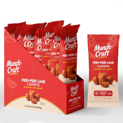 Image of Munch Craft Gourmet Peri-Peri Lime Cashews (8-Pack Box) - Perfectly Balanced Flavor (Smoky Heat & Zesty Lime) - Extra Crunchy Air-Roasted Nuts, Oil-Free - Eight 1.5 oz Snack Bags (12 oz Total)