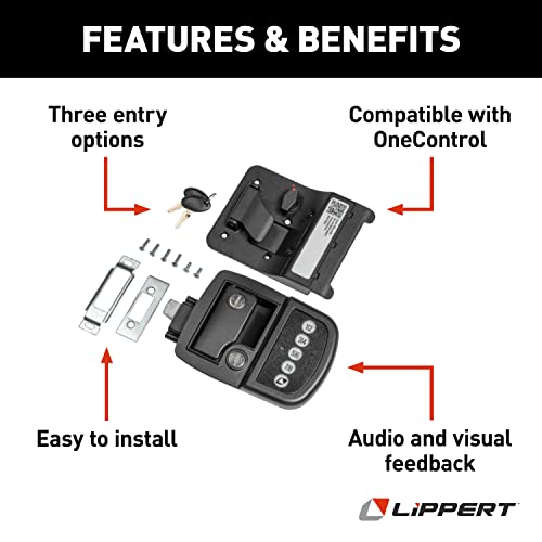 Image of Lippert Keyless RV Door Lock with 60' Bluetooth Range, Lighted Keypad Buttons, Aluminum Construction, Black Powder-Coated Finish, Right-Hand Latch Configuration for Right-Hinging Doors - 2022119636