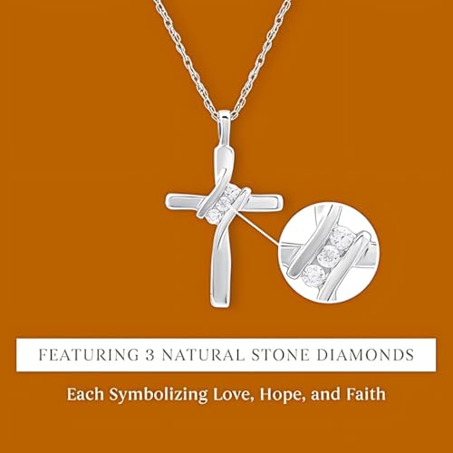 GILDED Small 14KT Yellow Gold Plated & Sterling Silver Natural Round-Cut Diamond Accent 3 Stone Cross Pendant with an 18 Inch Chain4