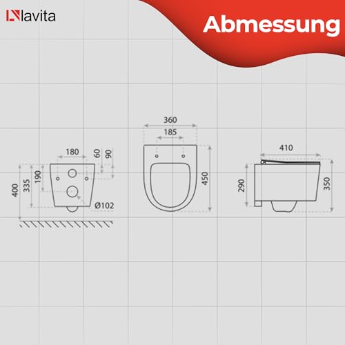 LAVITA Wand-WC Loso Hänge Toilette Toilettendeckel mit Absenkautomatik & Metallscharniere Toiletten Spülrandlos Hängend Toilettenbecken 360x450x350 mm Weißer Glanz – Bild 6