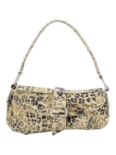 QWINEE Women's Y2K Leopard Print Shoulder Bag Denim Handbags Retro Cheetah Purses Top Handle Buckle Clutch Underarm Bag