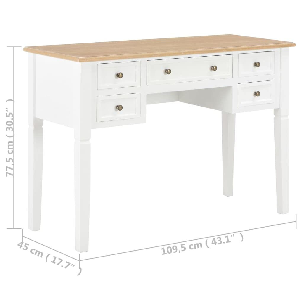 Escritorio blanco de MDF y madera de pino 109,5 x 45 x 77,5 cm con cinco cajones espaciosos para oficina, oficina en casa, con organizador para ordenador portátil, monitor y teclado