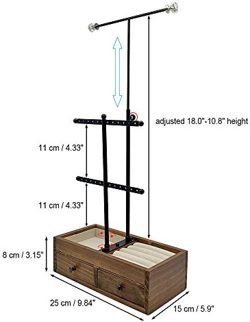 Necklace Holder Stand Hanging Long Necklaces Jewelry by Adjustable Height -3 Tiers Metal Jewellry Tree Stands with Wooden Drawer Organiser Box to Display Cosmetic, Bracelets, Earrings, Rings, Watches