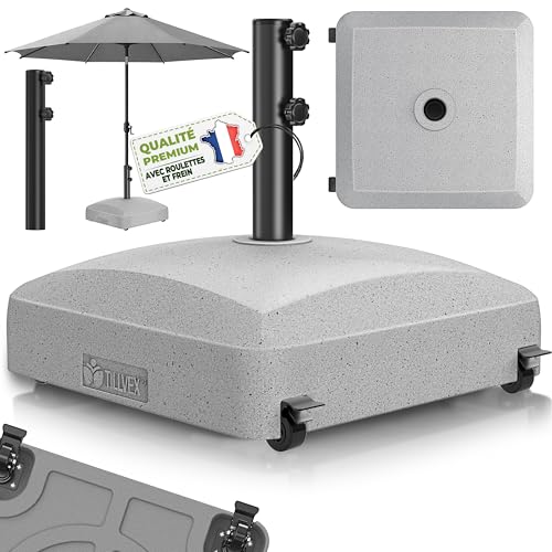 tillvex® Pied de parasol PAVERA à roulettes et freins | Support de lestage parasol à remplir 37L/56kg | Poids pour parasol droit et de marché Ø1,8-3,7m |...
