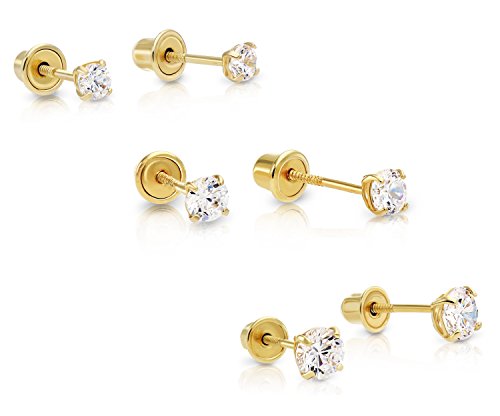 14k Gold Solitaire Round Cubic Zirconia Stud 3 Pair Earring Set (3mm, 4mm, 5mm) (yellow-gold)2