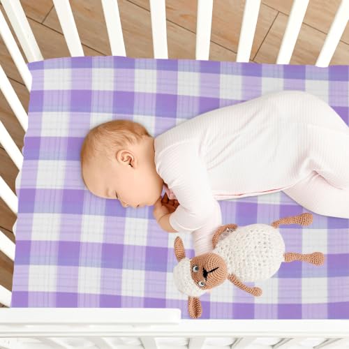 Image of Crib Sheet Breathable Soft Crib Mattress Sheet for Baby Toddler Boys Girls Fitted Crib Sheet Fit Standard Crib Mattress 52 x 28 Inch Purple Gingham Checkered