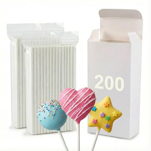 200 Stück Cake Pop Stiele 15 cm mit Aufbewahrungsbox – Weiße Papierstäbchen für Lutscher, Kuchen und Desserts, auch als Kaffeerührstäbchen oder Getränkemixer verwendbar