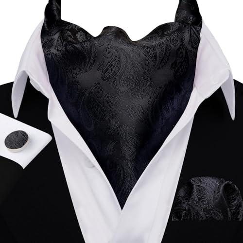 Image of Barry.Wang Ascot Ties Cravat Tie Men Paisley Plaid Scarf Self Tie Pocket Square Cufflinks Set Wedding Party
