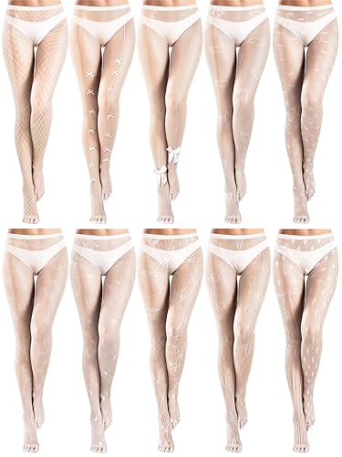 Ramede 10 Pairs Fishnet Thigh High Stockings for Women Goth Fish Nets Lace Mesh Tights High Waist Fishnet Leggings Pantyhose(Adorable,White)