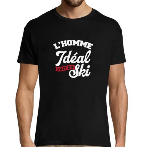 T-shirt homme l'homme idéal fait du ski : t-shirt humour anniversaire et cadeau rigolo pour papa