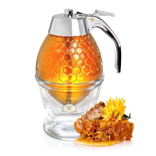 Hunnibi Honey Dispenser No Drip Glass with Stainless Steel Top - Syrup Dispenser Glass - Beautiful Honey Pot - Honey Jar with Stand