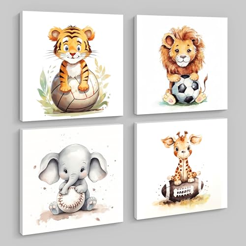 Image of GLOKAKA Set of 4 Jungle Animals Wall Art Watercolor Cute Animals with Baseball Football Volleyball Rugby Kids Boy Sports Wall Decor Painting Print Nursery Decor Artwork