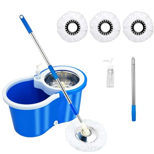 Spin Mop and Bucket Set, 360 Spin Mop and Bucket Stainless Steel,Floor Cleaning System,with 3 Replacement Heads (Blue-1)