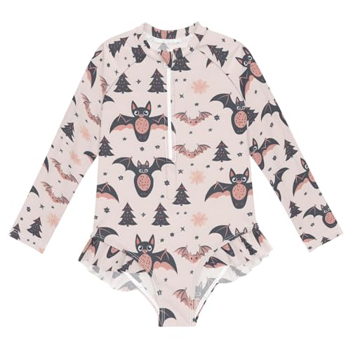 ALAZA Black Bat Star Pine Tree Christmas Girls One Piece Swimsuit Long Sleeve Rash Guard Swimsuits UV 50+ Swimwear Zipper