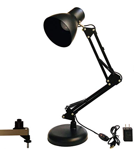 AFORTLO LED Desk Lamp,5 Color Temperature Dimmer,4 Level Brightness Dimmable，Architect Clamp-on Metal Swing Arm LED Office Table Lamp,Eye-Caring Book Reading Light with Bulb and UL Adapter(Black)