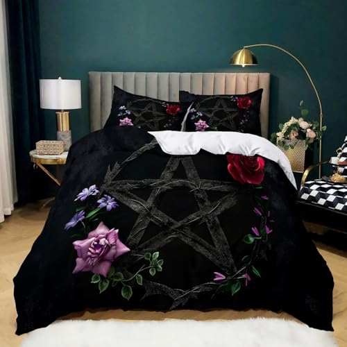 Negro Funda Nordica Cama 90 de 3 Piezas Estrella Rosa de Cinco Puntas Juego de Funda Nordica 150x200 cm Suave Transpirable y 2 x Fundas de Almohada de 50x75 para Ropa de Cama Infantil Niño Chico Niña