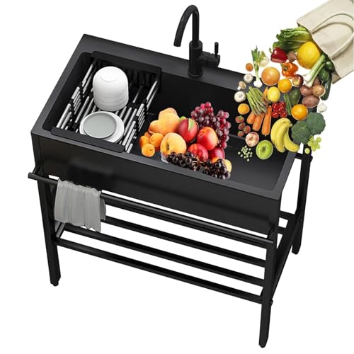 Fregadero independiente de acero inoxidable negro con grifo de agua fría y caliente, ideal para garaje, lavandería, restaurante, bar, 55 x 40 pulgadas