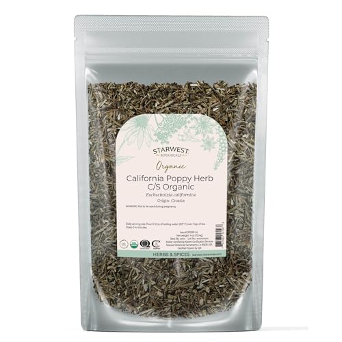 Starwest Botanicals Dried California Poppy Herb Organic - Loose Leaf, Use for Tea & Natural Herbal Blends, Cut & Sifted, Certified Kosher, Non-GMO - 4 oz Pouch