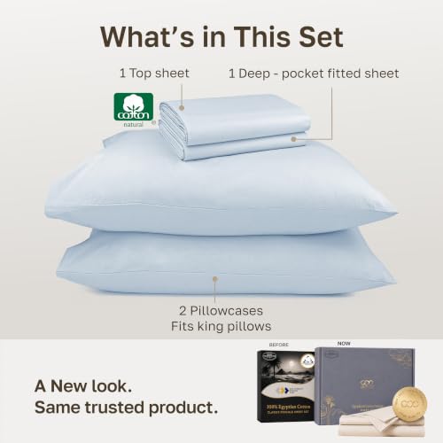 Image of California Design Den 100% Egyptian Cotton Cal King Sheets, 4 Pcs, Sky Blue | Certified & Backed by GH Seal, Light, Airy & Crisp Percale for Hot Sleepers, 16 inch Deep Pocket, All-Around Elastic, 4pc Set