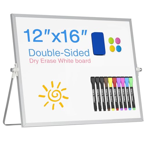 Jebeeynn Magnetic Desktop Whiteboard with Stand, 16'' x 12'' Double-Sided Dry Erase White Board, 10 Markers, 4 Magnets, 1 Eraser, Portable White Board Easel for Adults Drawing Desk School to Do List