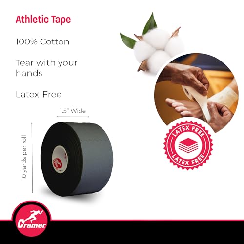 Image of Cramer Team Color Athletic Tape, 1.5 inch x 10 Yards Black, Easy Tear Sports Tape for Ankle, Wrist & Knee, Latex-Free Adhesive, Strong Support, Athletic Training Tape Roll