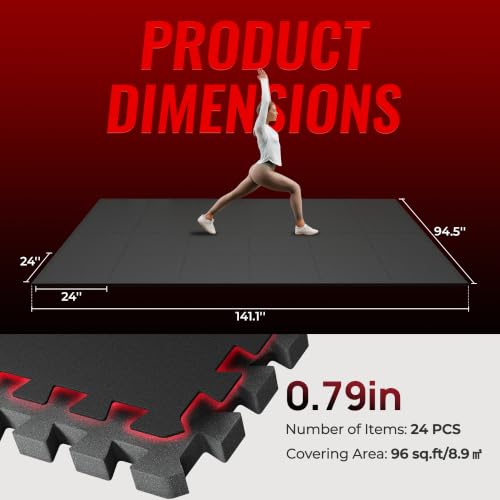 Image of SUPERJARE 0.79'' Extra-Thick Exercise Equipment Mats, 24 Pcs 96 Sq Ft Rubber Top Floor Tiles with High Density EVA Foam, Interlocking Gym Flooring for Home Gym, Workout Mat, Black