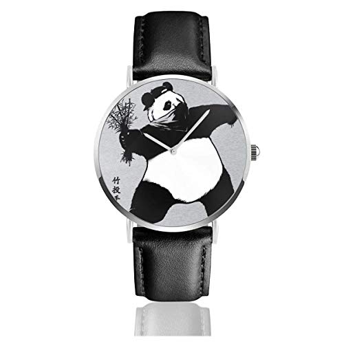 Unisex Business Casual Bambuswerfer Banksy Pnada Uhren Quarz Lederuhr