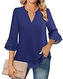Lotusmile Work Tops, 3/4 Sleeve Tiered Bell Sleeve Shirt, Polyester Blouses, Cute V Neck Dressy Tunic, Business Casual Clothes, Electric Blue
