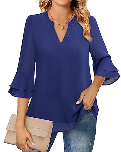 Lotusmile Bell Sleeve Tops for Women, Double Layered Tunic Ladies Tops and Blouses 3/4 Sleeve Casual Daily Swing Loose Fit Notch V Neck Classy Work Blouse Electric Blue