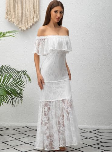 Image of HOYISHION Women's Off The Shoulder Floral Lace Maxi Dress White Bridesmaid Wedding Party Maternity Photoshoot Long Dresses