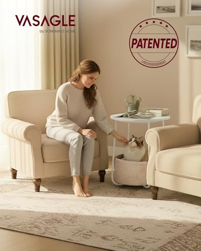 Image of VASAGLE LILEA Collection - Small Round Side End Table, Modern Nightstand with Fabric Basket, for Living Room, Bedroom, Set of 2, Matte White and Camel Brown ULET225WG01S