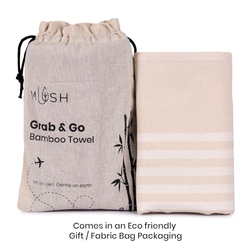 Image of Mush Bamboo Travel Towel | 100% Bamboo Bath Towel for Beach, Hiking & Gym Towel for Men Workout | Compact Towels with Travel Bag | 60x120 cms, 250GSM Quick Dry, (Beige+Peach+Grey) Pack of 3