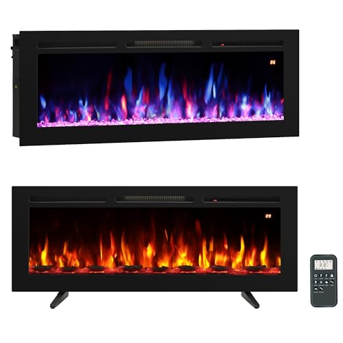 Oxhark Flame 48 Inches Electric Fireplace, Freestanding & Wall Mounted & Recessed Electric Fireplace Inserts, Remote Control, 14 Flame Colors, 9H Timer?Thermostat Fireplace Heater, 1500W, Black