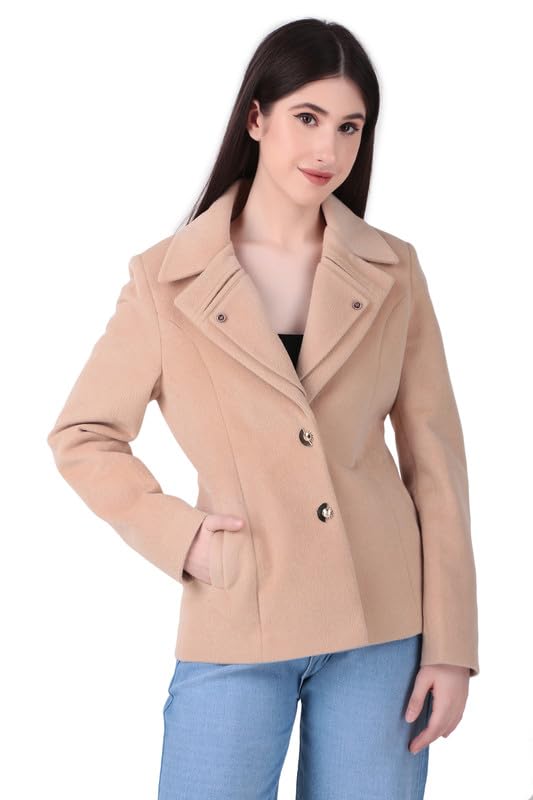 Libas Womenâ€™s Wool Blend Winter Coat | Long Trench Style Overcoat for Women | Elegant Lapel Collar Jacket with Button Closure & Side Pockets | Casual Formal Outerwear in neutral