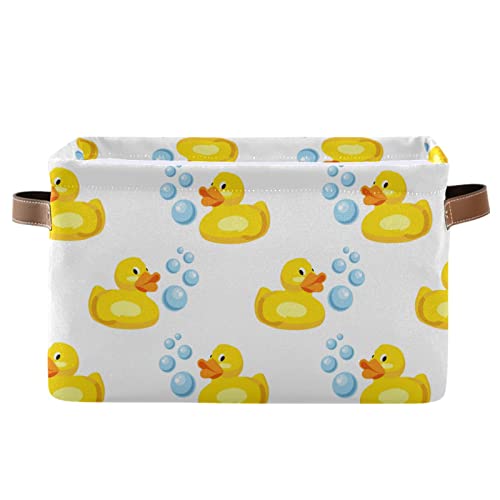 Cesta de almacenamiento rectangular – Caja de almacenamiento plegable de goma amarilla con asas de piel, cajas de guardería de lona, organizador para estantes/cestas de regalo/organizador de