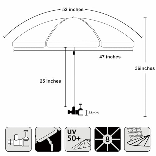 Image of AMMSUN XL Chair Umbrella with Universal Clamp Adjustable 47 inches and 360-degree Swivel UPF 50+, Portable Clamp on Camping or Beach Chair, Stroller, Wheelchair, Golf cart, Navy Blue, 2 PACK
