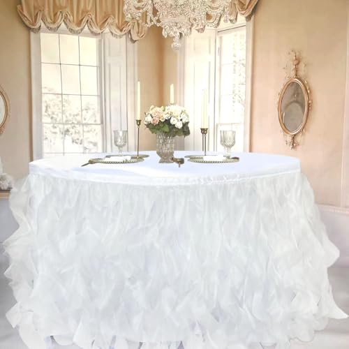 Image of Luxury Organza Mesh Table Skirt Draping Floating Romance - Perfect for Bridal Showers, Birthday Weddings - Clear Flowing Decoration for a Wonderful Main Cake Table (White-6ft, 72 inch Lx30 inch H)