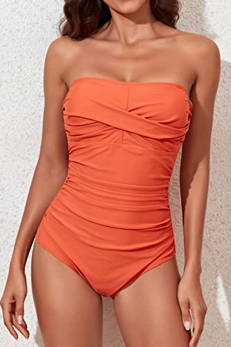 Image of Smismivo Tummy Control Swimwear Strapless One Piece Swimsuit Ruched Bathing Suits for Women Slimming Bandeau Tube Top Bikini