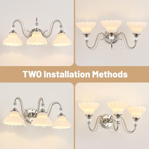 Image of Brushed Nickel Bathroom Vanity Light, 3-Light Nickel Finish Wall Sconce with Hanging Crystal Accents and Flower-Shaped White Glass Shades, Modern Wall Mount Vanity Light Over Mirror for Bathroom