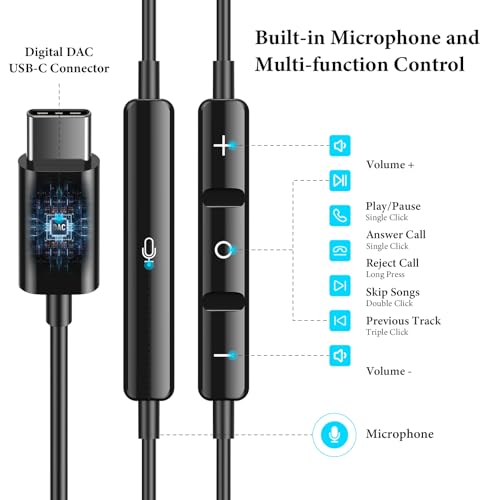 APETOO USB C Headphones for iPhone 17 16 15 Pro Max/iPad Air Earbuds Black
