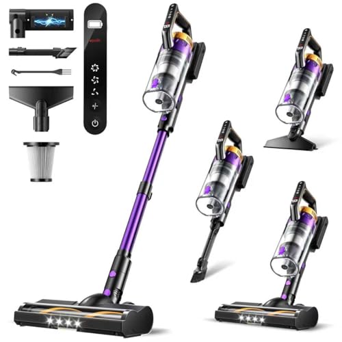 Cordless Vacuum Cleaner, 580W/48Kpa Vacuum Cleaners with 65 Min Runtime, Lightweight Wireless Vacuum with LED Headlights/Screen, wall mount, Removable Handheld Vacuum for Pet Hair/Carpets/Floors/Sofa