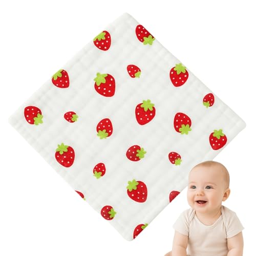 Toalla Gasa para Bebe, Toallitas de algodón para bebé, Toallitas de Muselina para bebé, Muselinas Bebe Algodón, 6 Capas de absorción, 100% algodón, 25 x 25 cm, Diseño Estampado Fresas