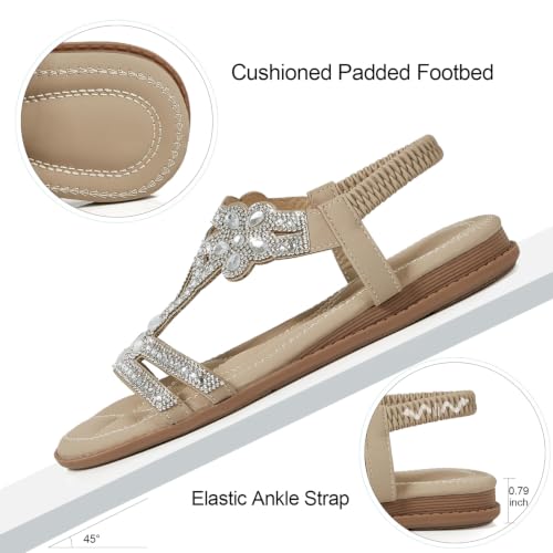 Image of iCKER Womens Rhinestone Strappy Flat Sandals Elastic Ankle Strap Open‑Toe | Sparkling,for wedding,party,evening dates,special occasion,Vacation,Formal