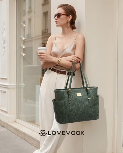 Image of LOVEVOOK Laptop Tote Bag for Women, Vintage Leather 15.6 Inch Work Tote with Large Water Bottle Pocket, Teacher Nurse Professional Computer Bag, Office Briefcase Handbag Gift, Embossed Green