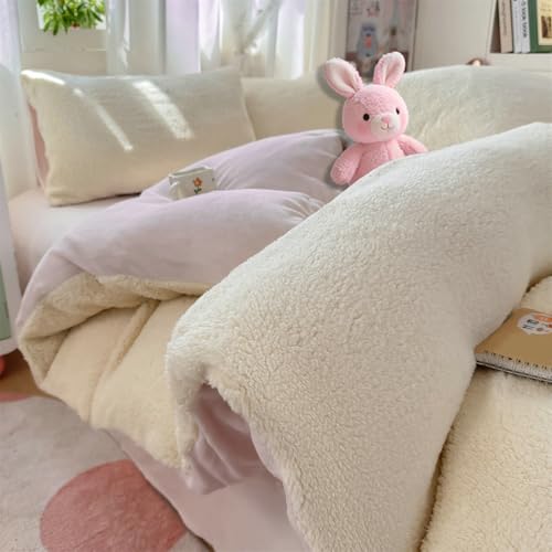 Mesnt Juego de ropa de cama de 4 piezas tamaño Queen, funda de edredón y sábana y 2 fundas de almohada, forro polar de poliéster, color blanco y morado, 1,8 m - 200 x 230 cm