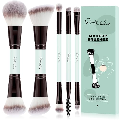 Start Makers Set de 5 Pinceaux Maquillage Double Extrémité - 10 en 5 Pinceau Maquillage (Poudre, Fond de Teint, Contour, Blush, Sourcils, Fard à Paupières, Lèvres) - Végan, Boîte Cadeau (Cyan)