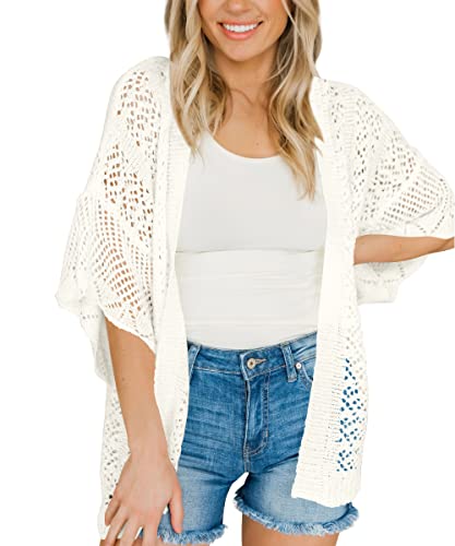 Coololi Women's Crochet Open Front Cardigan 3/4 Bell Sleeve Soft Oversized Knitted Sweater Outerwear Cover Up Coat White