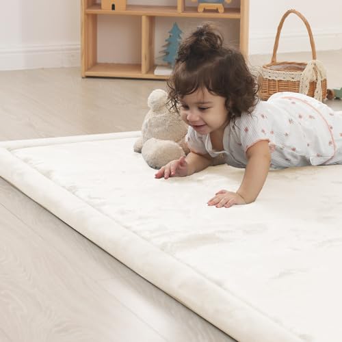 Image of 1.5 inch Thick Padded Baby Play Mat for Floor Tummy Time, Pro Soft Foam Activity Playroom Playmats, Easy Care with Non-Slip Safe for Infant Toddlers Crawling 79 inchx 158 inch (Cream)